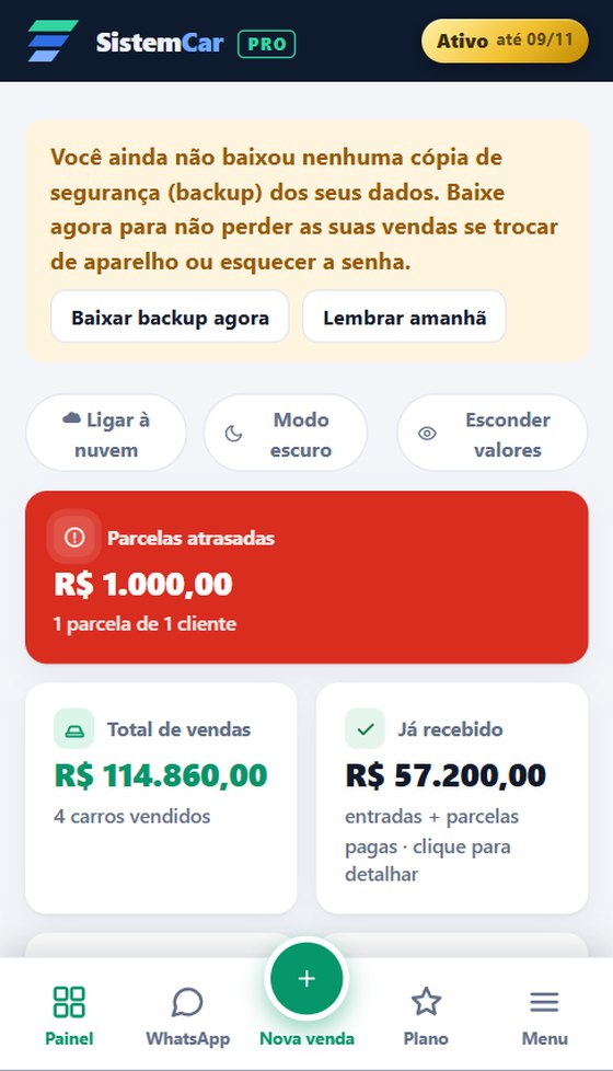 Resumo da loja no SistemCar Pro